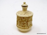 (RFRT) HAND CARVED PERFUME BOTTLE; LIDDED PERFUME BOTTLE WITH A HAND CARVED ORIENTAL SCENE. MEASURES