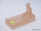 (RFRT) HEINRICH HOFFMANN, SDD 1981 PINK FROSTED GLASS, NUDE WOMAN FIGURE SOAP DISH. CHIPPED AT THE