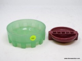 (RFRT) VINTAGE SNUF-A-RETTE REDDISH PINK PORCELAIN ASH TRAY AND A GREEN, FROSTED GLASS BOWL WITH 12