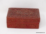 (RFRT) RED LACQUER, ORIENTAL LIDDED TRINKET BOX WITH A DRAGON ON THE TOP. MEASURES 4
