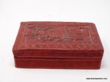 (RFRT) RED LACQUER, ORIENTAL LIDDED TRINKET BOX WITH A SCENE OF 2 MEN WALKING THROUGHT A FOREST WITH
