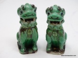 (RFRT) PAIR OF PORCELAIN FOO DOGS; 2 PIECE SET OF MATCHING, GREEN AND BLACK FOO DOGS. MEASURES 4