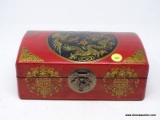 (RFRT) RED LEATHER ORIENTAL BOX WITH CLAMPING LATCH; HAND PAINTED, RED LEATHER LIDDED BOX WITH A