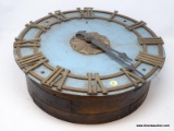 (RFRT) ANTIQUE SELF-WINDING CLOCK WITH A WOODEN FRAME, TEAL PAINTED FRONT AND BRONZE NUMBERS.