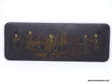 (RFRT) ORIENTAL BOX LID; HAND PAINTED, BLACK LEATHER LIKE LID WITH A SCENE OF A KING SITTING IN HIS