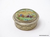 (RFRT) METAL POWDER BOX WITH SCENE ON THE LID OF 2 PEOPLE FIGHTING ON HORSEBACK. LID HAS A MIRROR ON