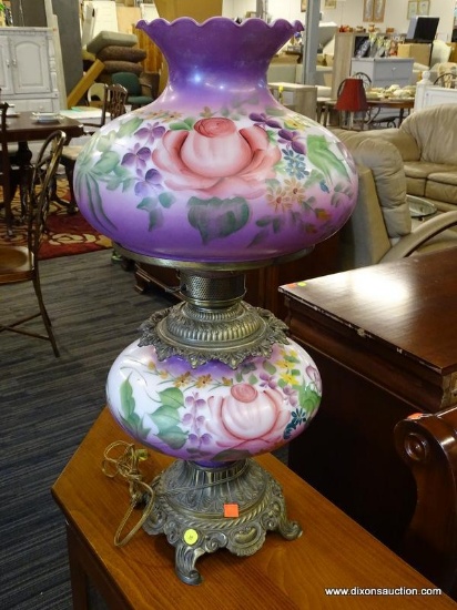 (RWALL) VINTAGE HURRICANE LAMP; VIOLET, FLORAL PAINTED DOUBLE GLOBE HURRICANE LAMP WITH A BRONZE