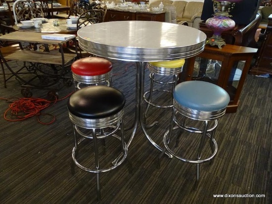 (RWALL) RETRO BAR STOOLS AND TABLE; 5 PIECE SET TO INCLUDE A ROUND TABLE WITH 4 POLE SPLAY FEET AND