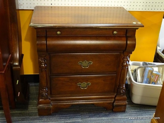 (RWALL) CHERRY NIGHTSTAND; 3-DRAWER NIGHTSTAND WITH REEDED PILASTER SIDES, A ROUNDED TOP DRAWER, 2