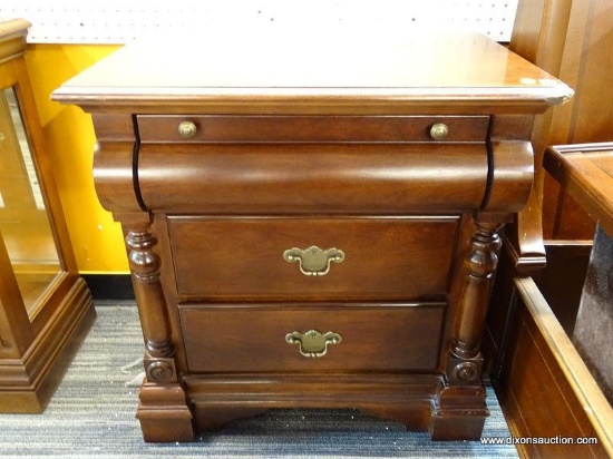 (RWALL) CHERRY NIGHTSTAND; 3-DRAWER NIGHTSTAND WITH REEDED PILASTER SIDES, A ROUNDED TOP DRAWER, 2