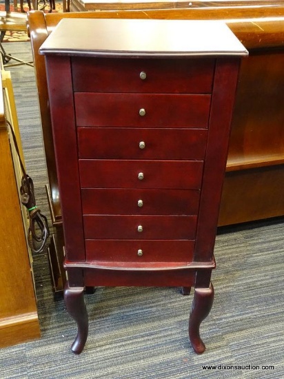 (RWALL) JEWELRY ARMOIRE; CHERRY JEWELRY ARMOIRE WITH A TAN FELT LINED INTERIOR, A MIRRORED LIFT TOP