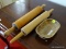 (BACKROOM) LOT OF WOODEN DISHES; 3 PIECE LOT TO INCLUDE 2 WOODEN ROLLING PINS AND A NUT DISH.