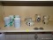 (KITCHEN) SHELF LOT OF POTTERY DISHES AND COFFEE MUGS; 8 PIECE LOT TO INCLUDE A SET OF 4 PIER 1 BLUE