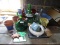 (GARAGE) LOT OF ASSORTED PLANTERS AND BOTTLES' TABLE LOT INCLUDE 5 ASSORTED BOTLES, A SET OF 3