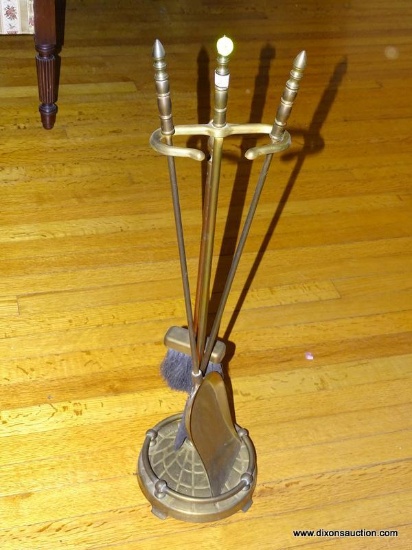 (LR) BRASS FIREPLACE TOOL SET; 4 PIECE TOOL SET TO INCLUDE A POKER, SHOVEL, AND BRUSH.