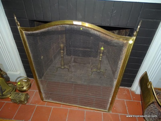 (LR) FIREPLACE SCREEN; BRASS FRAMED, MESH SCREENED, TRI-FOLDING FIREPLACE SCREEN WITH AN ARCHED