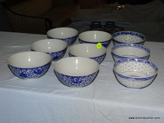 (LR) LOT OF BLUE AND WHITE PORCLEAIN RICE BOWLS; 9 PIECE LOT TO INCUDE A SET OF 3 TRANLUSCENT RICE