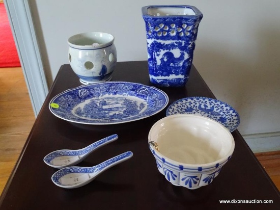 (LR) LOT OF BLUE AND WHITE CHINA; 8 PIECE LOT TO INCLUDE A CERAMIC JELLO MOLD, A NIPPON BLUE AND