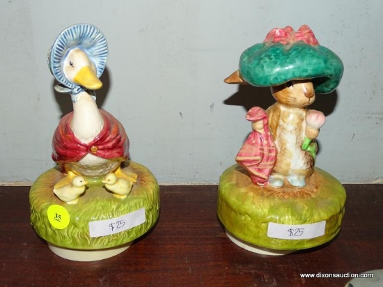 (LR) PAIR OF SCHMID CERAMIC ANIMAL MUSIC BOXES; 2 PIECE SET OF SPINNING MUSIC BOXES TO INCLUDE A