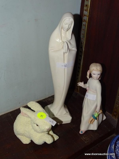 (LR) LOT OF FIGURINES; 3 PIECE LOT TO INCLUDE A SPRINKLE TEXTURED RABBIT, A PORCELAIN GIRL HOLDING