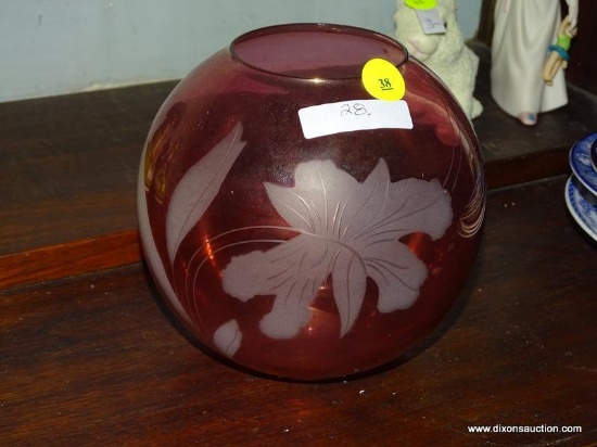 (LR) FLORAL ETCHED, SPHERE SHAPED CRANBERRY GLASS VASE. MEASURES 5.5" TALL.