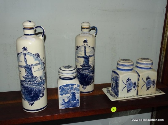 (LR) LOT OF DELFT JARS AND LIDDED BOTTLES; 6 PIECE LOT TO INCLUDE A PAIR OF DELFT BLUE WINDMILL 11"