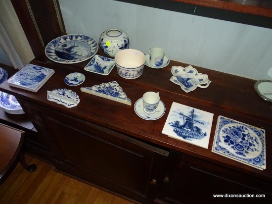 (LR) LOT OF ASSORTED DELFT BLUE AND WHITE CHINA; 19 PIECE LOT TO INCLUDE 7 TILES (2 ARE DELFT), 2