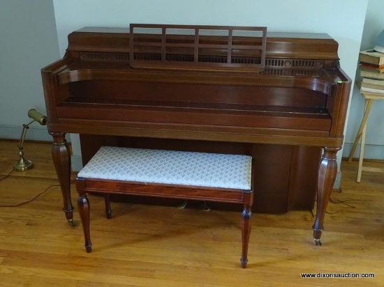 (FMR) STEINWAY PIANO; STEINWAY MAHOGANY INLAID CONSOLE PIANO WITH MATCHING STOOL- SOME KEYS ARE