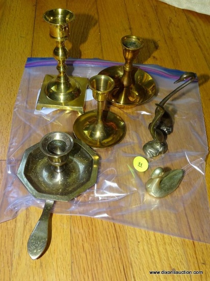 (FMR) BRASS LOT; LOT INCLUDES- 4 MISCELL, SIZE AND SHAPED CANDLEHOLDERS- TALLEST- 5 IN H AND 3 SWAN