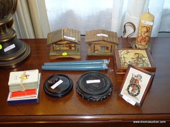 (LR) LOT OF MUSIC BOXES AND HUMMEL COLLECTOR'S ITEMS; 7 PIECE LOT TO INCLUDE A VINTAGE HUMMEL CLOCK,