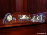 (DR) MISCELL. LOT; LOT INCLUDES 4 SILVERPLATE NAPKIN RINGS, CRYSTAL CLOCK- 4 IN H, GLASS BOX WITH