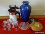 (BACKROOM) LOT OF ASSORTED ITEMS; 15 PIECE LOT OF ASSORTED ITEMS TO INCLUDE A LIDDED WICKER BOWL, A