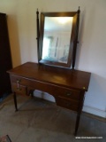 (MBED) VANITY; UNSIGNED BIGGS MAHOGANY VANITY WITH SWINGING MIRROR- SHERATON REEDED COULUMNED LEGS,