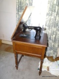 (MBED) SEWING CABINET WITH MACHINE; VINTAGE WALNUT SEWING CABINET WITH VINTAGE WHITE ROTARY