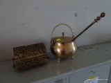 (LR) METAL BOX AND LIDDED FIRE STARTER SMUDGE POT W/ WAND; 2 PIECE LOT TO INCLUDE A BRASS FIRE