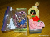 (DOLLRM) DOLL LOT; 2 SHOE BOXES OF DOLLS- 5 VINYL 9 IN DOLLS IN HAND CROCHET DRESSES AND A BASKET