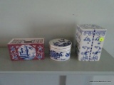 (LR) LOT OF DELFT COLONIAL WILLIAMSBURG PORCELAIN ITEMS; 3 PIECE LOT TO INCLUDE A FLOWER BRICK, A