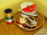 (BDRM2) LOT OF ASSORTD RIBBONS AND WOVEN BASKET; LOT TO INCLUDE A WICKER BASKET WITH RED VELVET