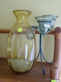 (BDRM2) VASE AND TIERED CANDLE HOLDER; 2 PIECE LOT TO INCLUDE AN AMBER GLASS VASE WITH GLASS BEADS