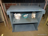 (GARAGE) BENCHMADE BOOKCASE WITH DECORATIVE SHELLS; 2-SHELF, TEAL PAINTED BOOKCASE WITH 3 CONTAINERS