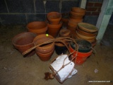 (GARAGE) LOT OF ASSORTED CLAY POTS; 25+ PIECE LOT OF ASSORTED CLAY POTS OF VARRYING SIZES.