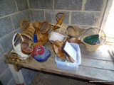 (GARAGE) LOT OF ASSORTED WOVEN BASKETS AND MISC WOOD CUT OUTS; LOT TO INCLUDE 15 WICKER BASKETS, A