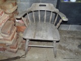 (GARAGE) CAPTAINS CHAIR; WINDSOR STYLE, GRAY DRIFTWOOD FINISHED CAPTAINS CHAIR WITH A CARVED HANDLE