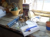 (GARAGE) CONTENTS OF TABLE; LOT TO INCLUDE 2 ASH TRAYS, A PAIR OF WOODEN CANDLE STICKS, A PEWTER