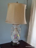 (FMR) LAMP; FLORAL PAINTED PORCELAIN LAMP WITH CLOTHE SHADE- 25 IN H