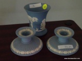 (FMR) WEDGEWOOD LOT; LOT INCLUDES- PR. OF CANDLEHOLDERS- 2 IN H AND 4 IN VASE