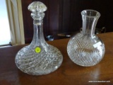 (DR) DECANTER AND WATER BOTTLE; ANTIQUE PRESSED GLASS SHIP'S DECANTER - 10 IN H AND CUT GLASS WATER