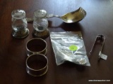 (DR) STERLING LOT; LOT INCLUDES- 2 STERLING NAPKIN RINGS, SUAR TONGS, CADDY SPOON, SERVING SPOON,