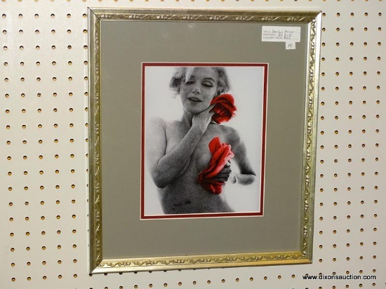 MARILYN MONROE "RED ROSES" FRAMED PHOTOGRAPH; SHOWS A NUDE PHOTO OF MARILYN MONROE HOLDING RED ROSES