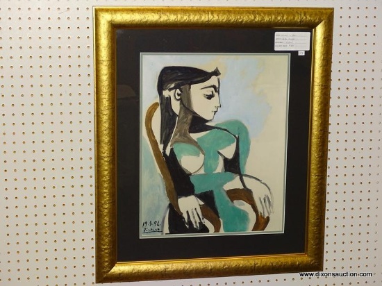 "WOMAN IN CHAIR" BY PABLO ESCOBAR; FRAMED, ABSTRACT WATERCOLOR GICLEE DEPICTING A WOMAN SITTING IN